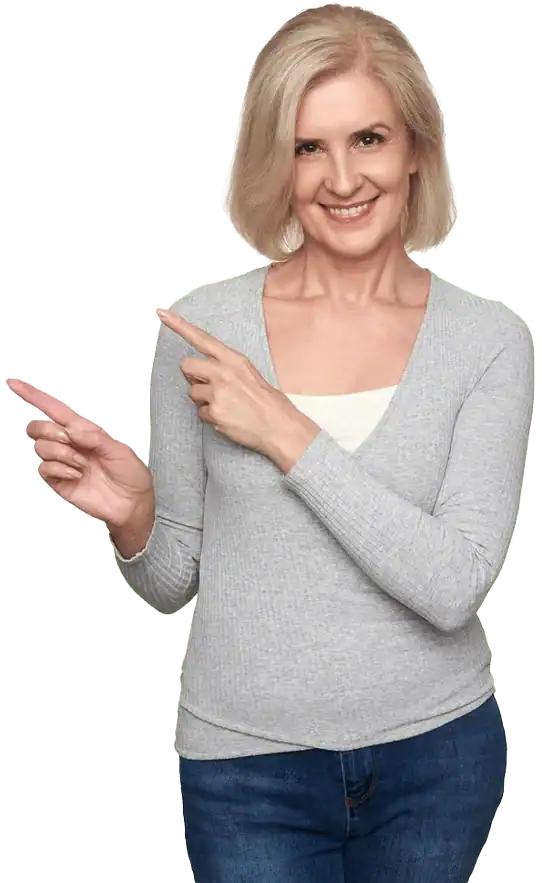 casual smiling old woman pointing finger